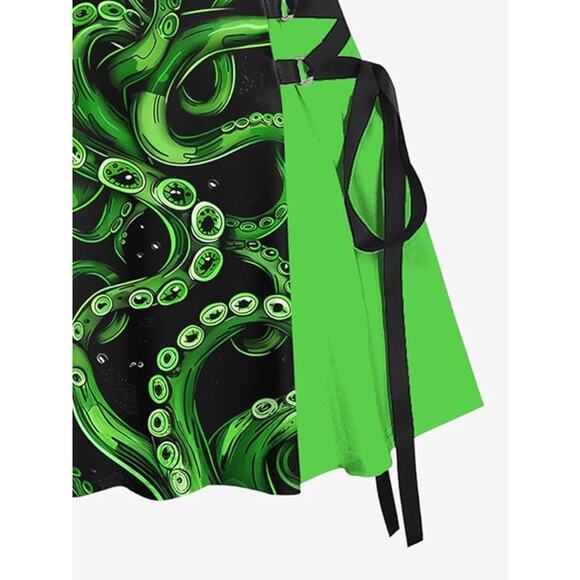 Green and Black Octopus Printed Lace-up Mini Dress Size L - Picture 6 of 6